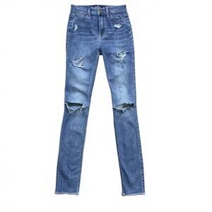 Hollister Ultra High Rise Super Skinny Jeans Women 23x30 Distressed Raw Hem Blue